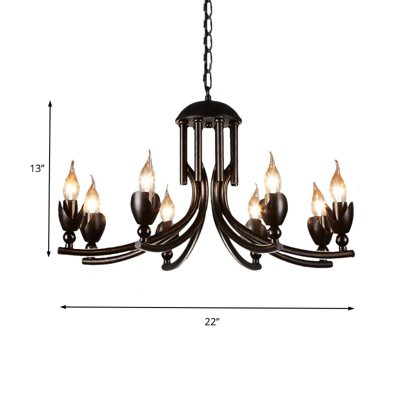 Retro Dark Rust Chandelier with 8 Candle Bulbs - Wrought Iron Pendant Lamp, Curved Arm