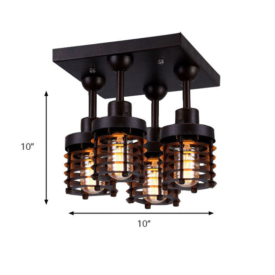 Sleek Black Mini Caged Ceiling Lamp: Industrial Iron 4-Head Bedroom Semi Flush Mount Lighting for Contemporary Décor