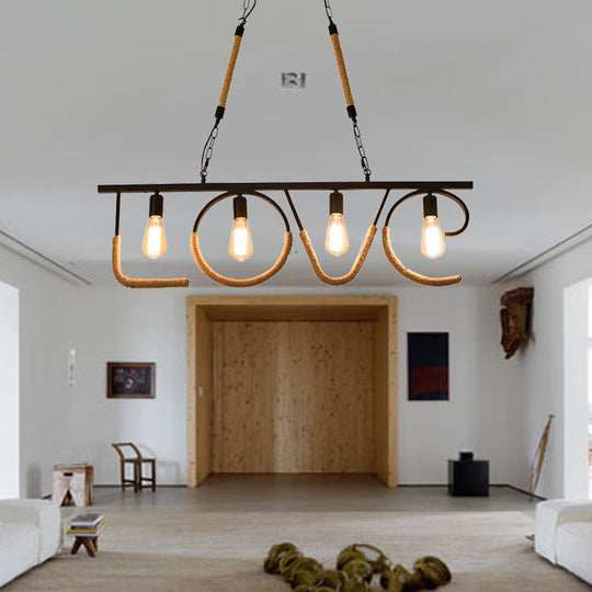 Industrial Metal And Rope Island Lamp With Love Design 4 Bulbs Beige Finish