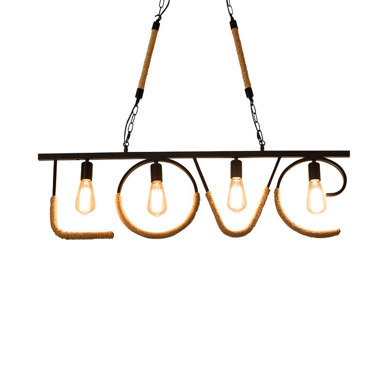 Industrial Metal And Rope Island Lamp With Love Design 4 Bulbs Beige Finish