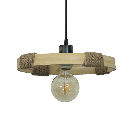 Round Bamboo and Rope Handmade Pendant Light - Country Style, Black Finish - 1 Head Hanging Lamp