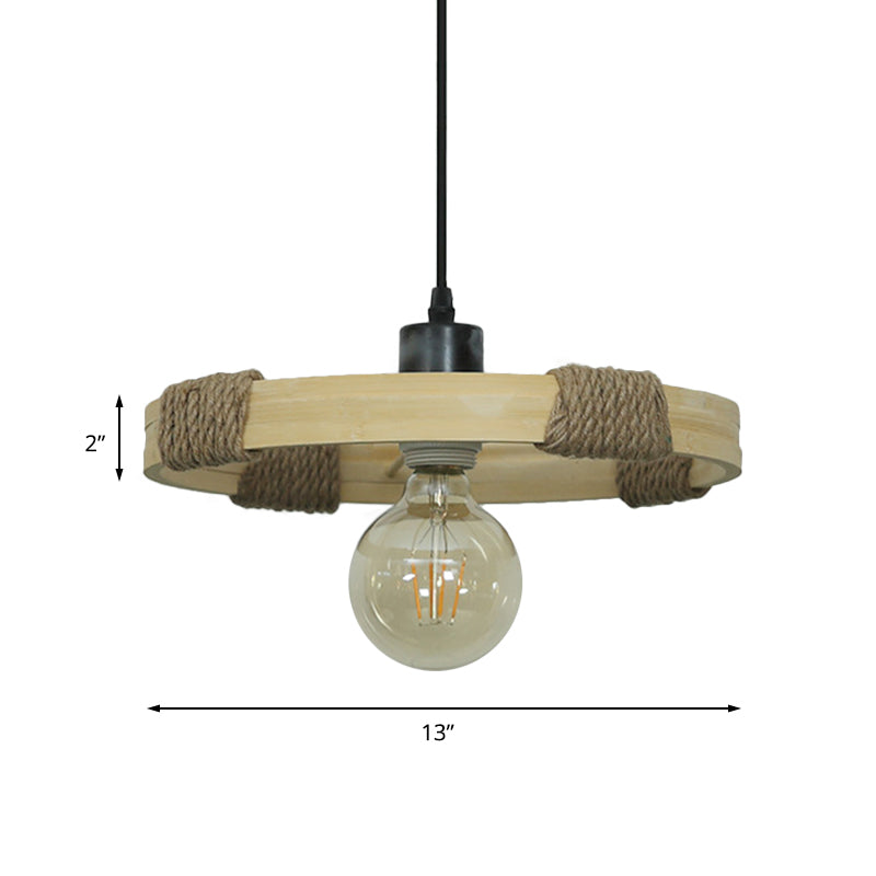 Round Bamboo and Rope Handmade Pendant Light - Country Style, Black Finish - 1 Head Hanging Lamp