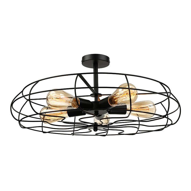 Vintage Fan Shaped 5-Light Iron Ceiling Light With Wire Cage Shade - Semi Flush Mount In Rust/Black