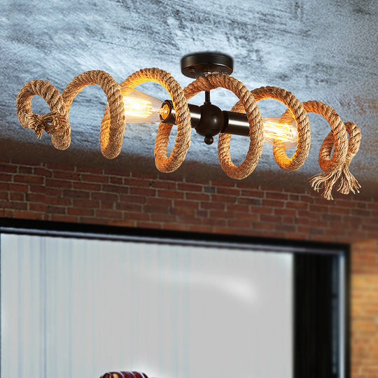 Industrial Black Metal and Hemp Rope Semi Flush Mount Ceiling Light with Swirl Design