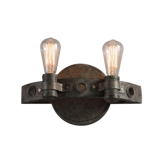 Rustic Wrought Iron Wall Sconce Light - Exposed Bulb 2 Lights Farmhouse Style For Restaurants