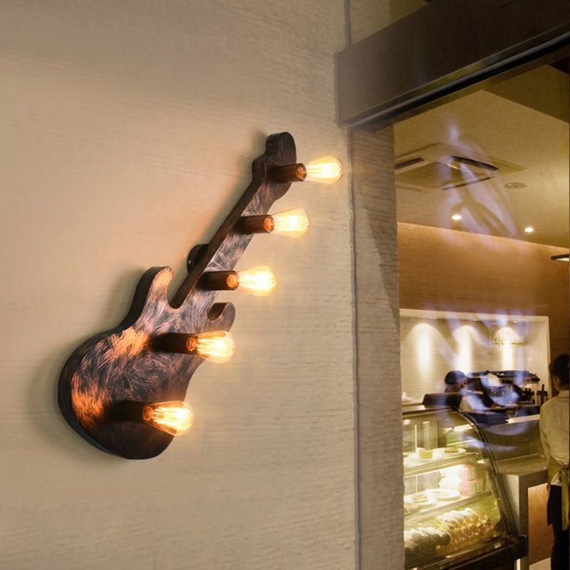 Bare Bulb Iron Wall Lamp With Guitar Backplate - Rustic 5-Light Sconce For Coffee Shops Rust