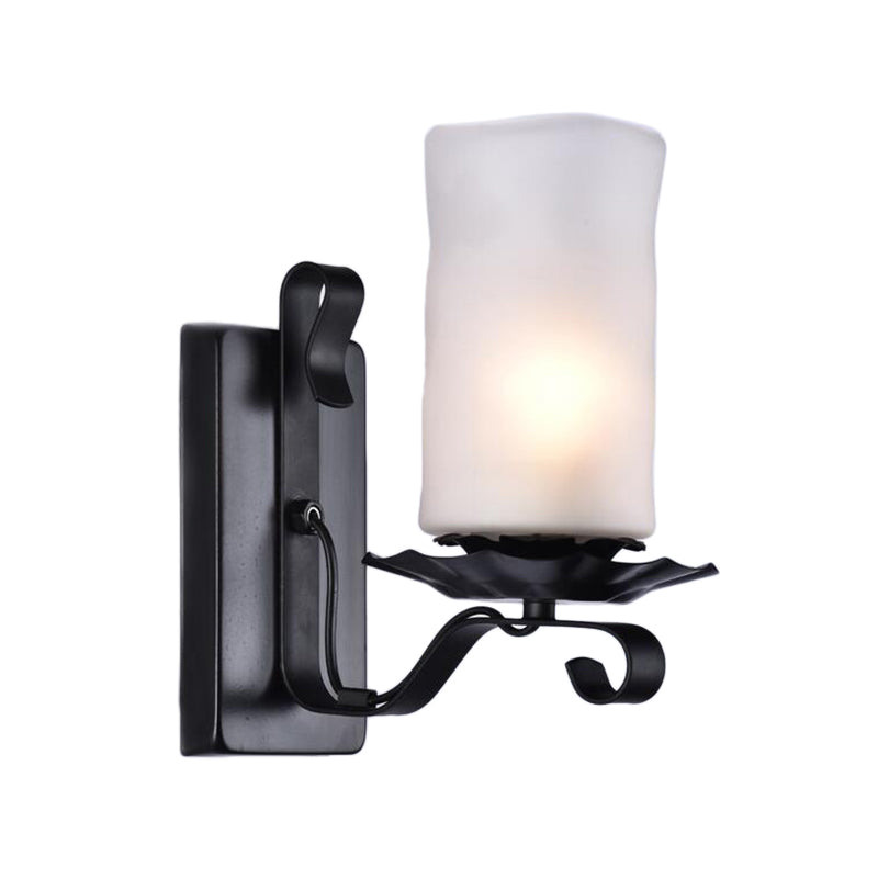 Industrial Frosted Glass Cylinder Bathroom Sconce Light Fixture - Black Wall Lamp