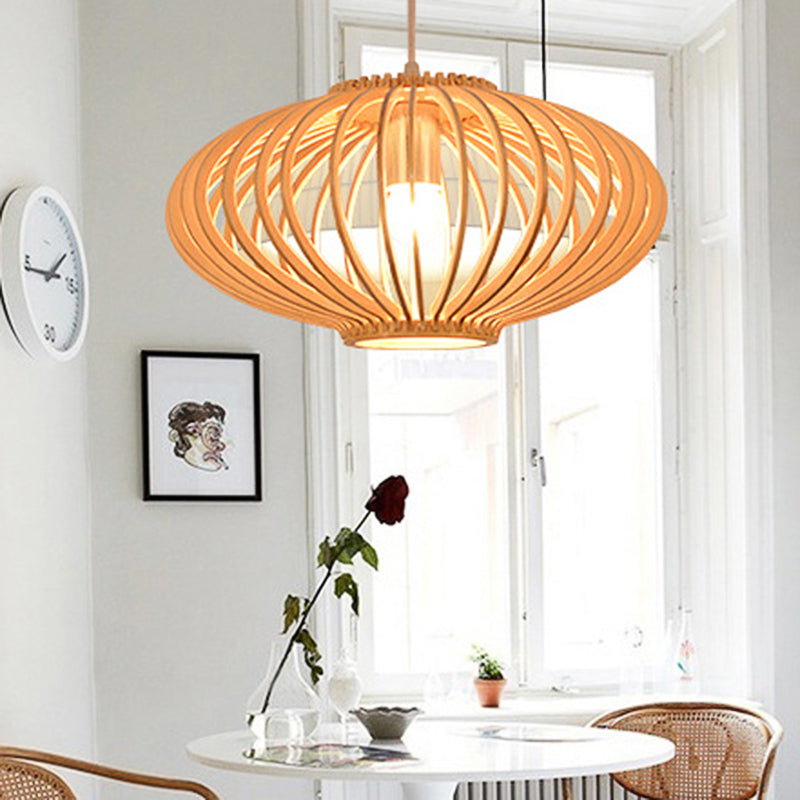 Contemporary Wooden Lantern Pendant Light In Beige For Living Room