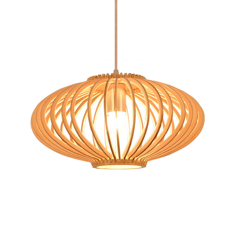 Contemporary Wooden Lantern Pendant Light In Beige For Living Room