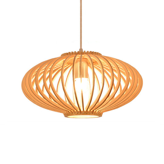 Contemporary Wooden Lantern Pendant Light In Beige For Living Room