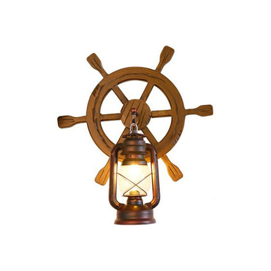 Industrial Lantern Wall Sconce Light With Clear Glass Rust Finish And Wood Rudder - Bedroom Lamp