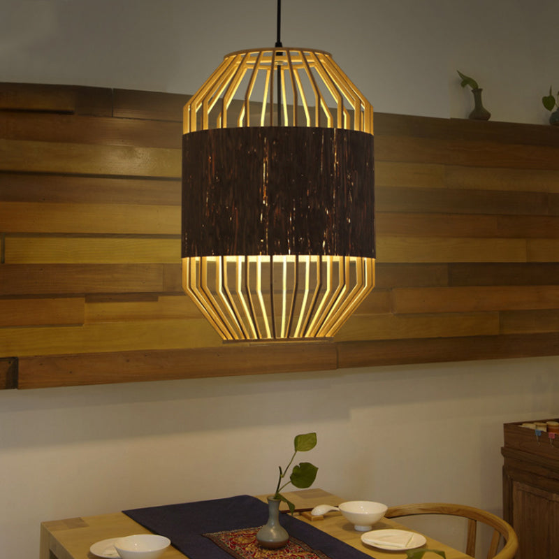 Countryside Bamboo And Wood Pendant Lamp - Natural Cylindrical Ceiling Light For Dining Table