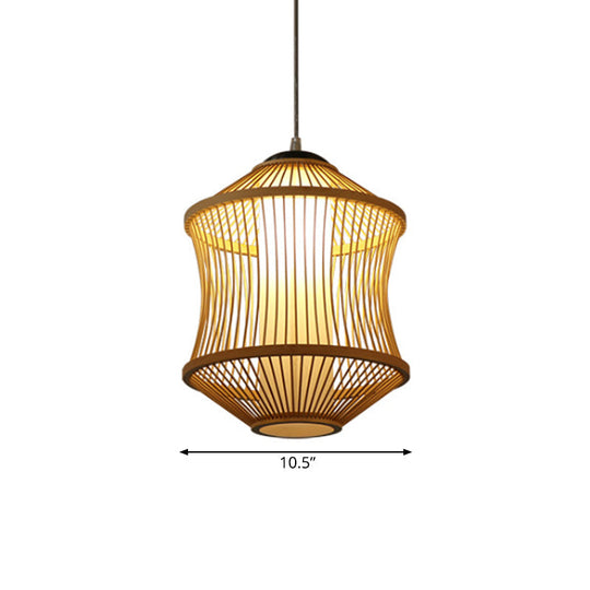 1 Head Asian Style Restaurant Hanging Light With Cylinder Bamboo Shade - Beige Ceiling Lamp