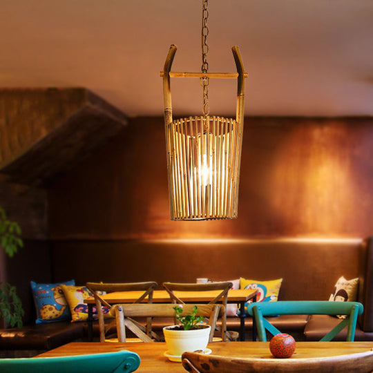 Restaurant Pendant Lighting With Bamboo Shade - Lodge Style Beige Ceiling Light Fixture