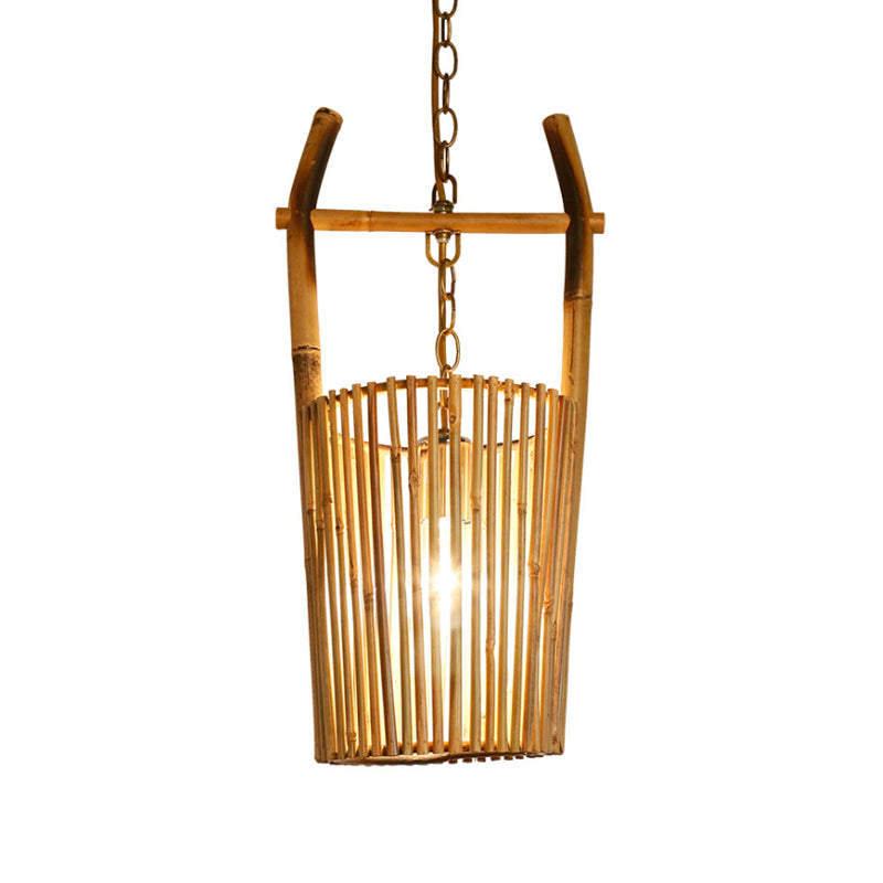 1-Head Bamboo Bucket Pendant Light: Stylish Beige Lodge Ceiling Fixture for Restaurants