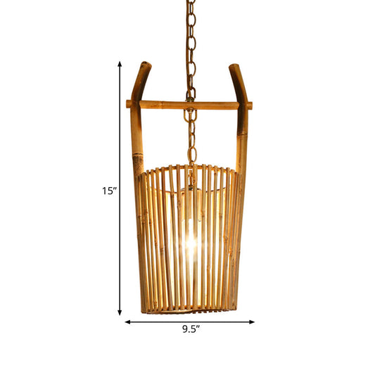 1-Head Bamboo Bucket Pendant Light: Stylish Beige Lodge Ceiling Fixture for Restaurants