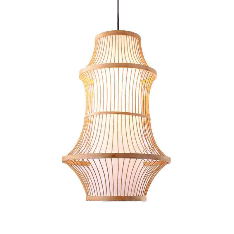 Modernist Beige Pendant Lamp With Bamboo Cage-Like Shade - 1 Light Restaurant Hanging