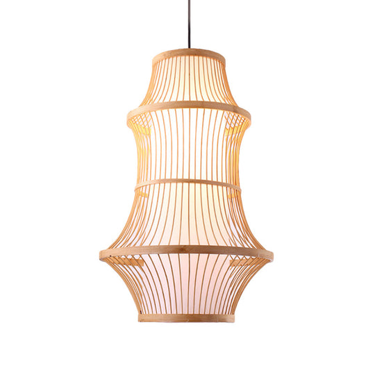 Modernist Beige Pendant Lamp With Bamboo Cage-Like Shade - 1 Light Restaurant Hanging