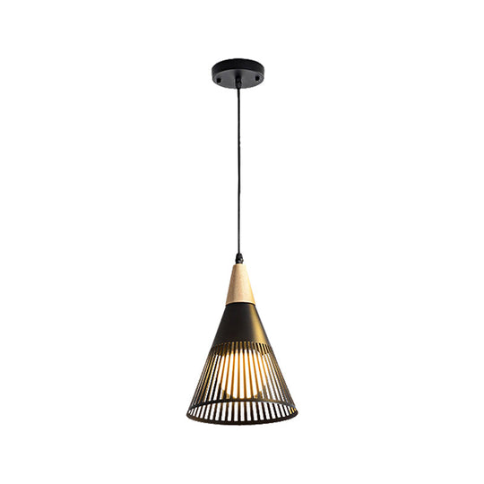 Metallic Cone Ceiling Light: Contemporary 1-Light Pendant in Black/Gold/White with Cage Shade