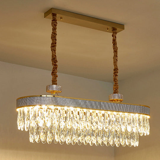 Golden Led Island Chandelier With Modern Oval Clear Crystal Drops - Stylish Ceiling Light