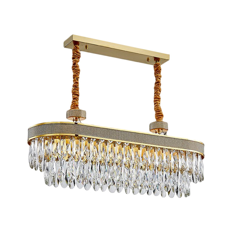 Golden Led Island Chandelier With Modern Oval Clear Crystal Drops - Stylish Ceiling Light