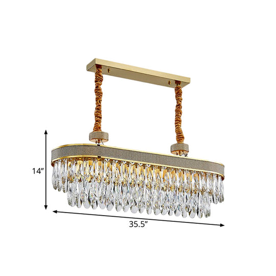 Golden Led Island Chandelier With Modern Oval Clear Crystal Drops - Stylish Ceiling Light