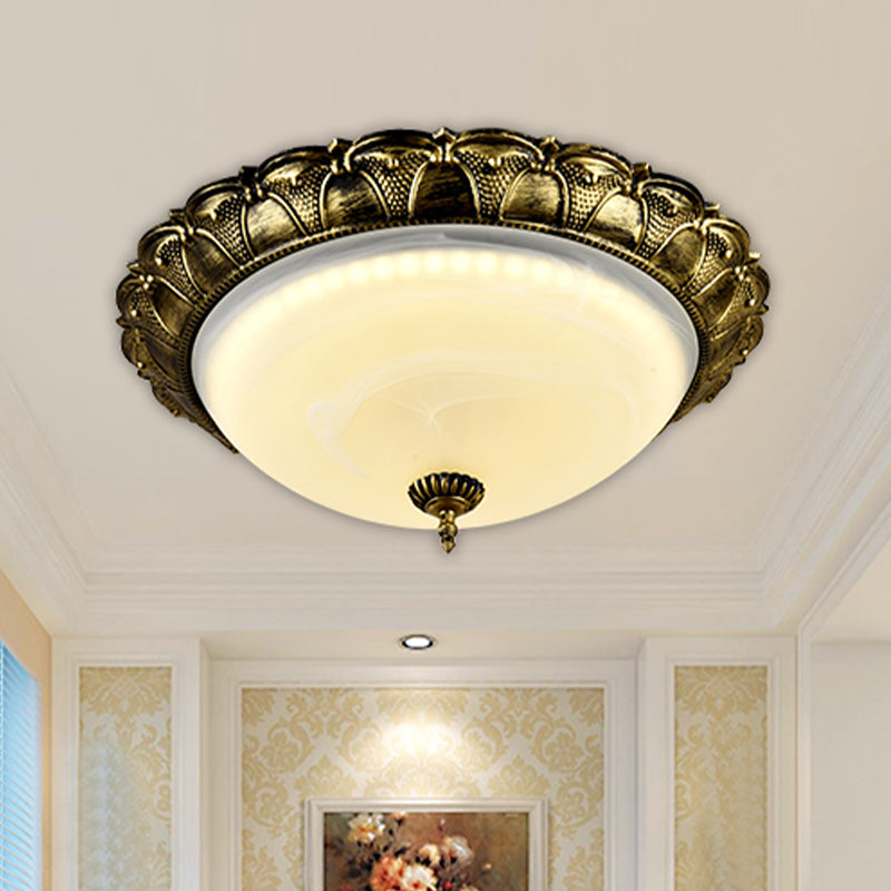 Dome Shape Hallway Flush Mount Lighting In Vintage Frosted Glass White/Brass Led - Warm/White Light