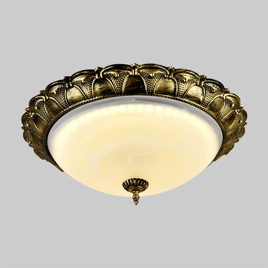 Dome Shape Hallway Flush Mount Lighting in Vintage Frosted Glass White/Brass LED - Warm/White Light, 16"/19.5