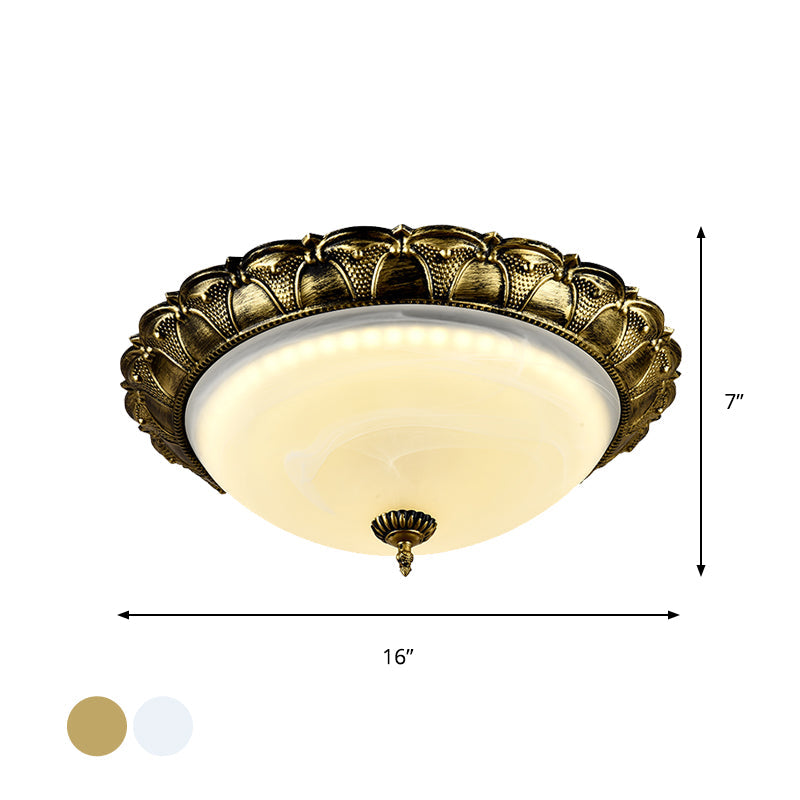 Dome Shape Hallway Flush Mount Lighting in Vintage Frosted Glass White/Brass LED - Warm/White Light, 16"/19.5