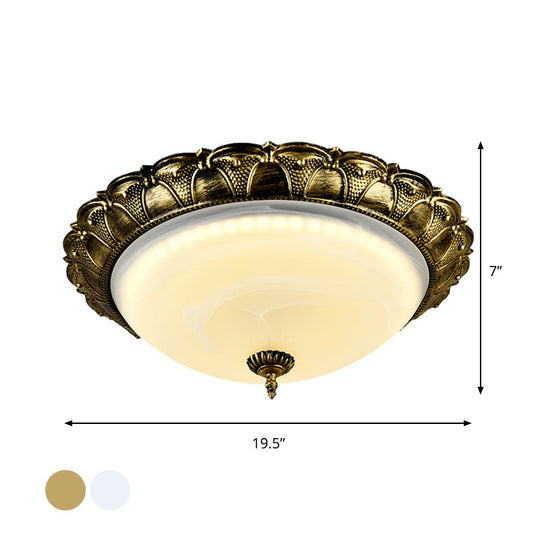 Dome Shape Hallway Flush Mount Lighting in Vintage Frosted Glass White/Brass LED - Warm/White Light, 16"/19.5