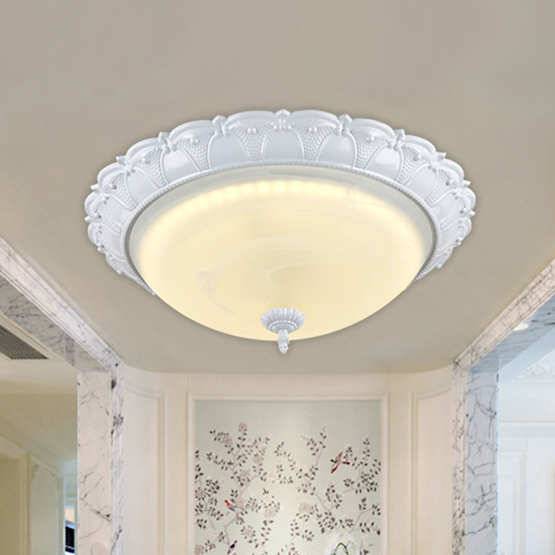 Dome Shape Hallway Flush Mount Lighting In Vintage Frosted Glass White/Brass Led - Warm/White Light