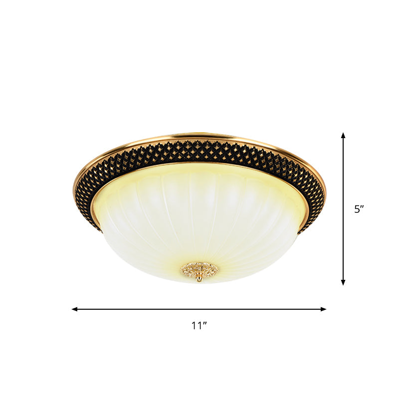 Vintage Fluted Opal Glass Semi-Orb Flush Mount LED Ceiling Light, 11"/15" Width, in Black & Gold