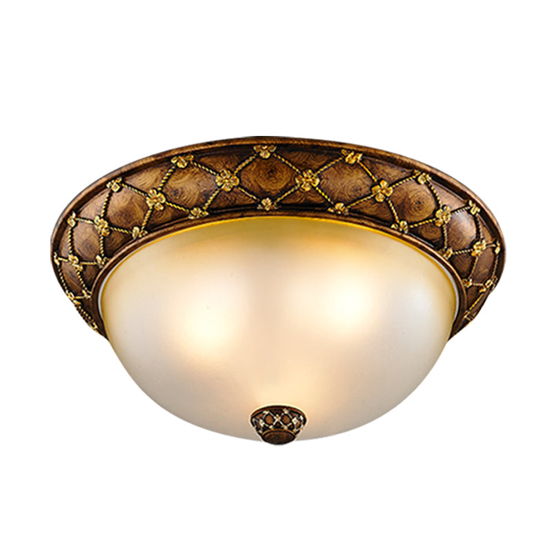 Rustic Dome-Like Ceiling Lamp 3 Frosted Glass Heads Brown 15/19 Width