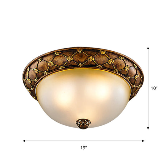 Rustic Dome-Like Ceiling Lamp, 3 Frosted Glass Heads, Brown, 15"/19" Width