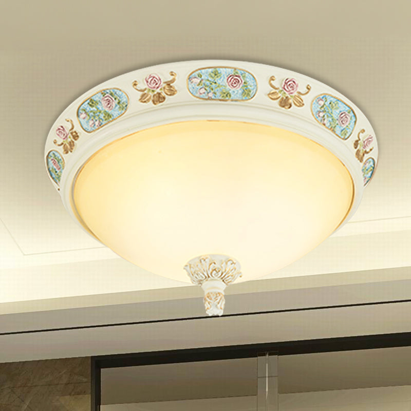 2/3-Head Flush Mount Opaline Glass Dome Ceiling Light with Flower Decor in Blue and White, 14"/19" Wide