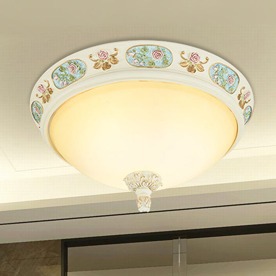 2/3-Head Flush Mount Opaline Glass Dome Ceiling Light With Flower Decor In Blue And White 14/19 Wide