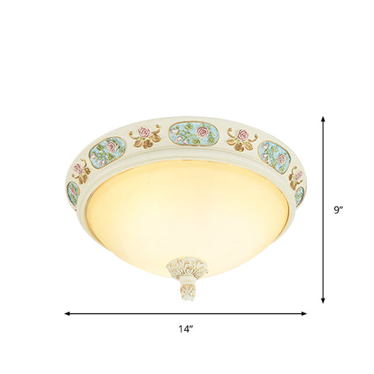 2/3-Head Flush Mount Opaline Glass Dome Ceiling Light with Flower Decor in Blue and White, 14"/19" Wide