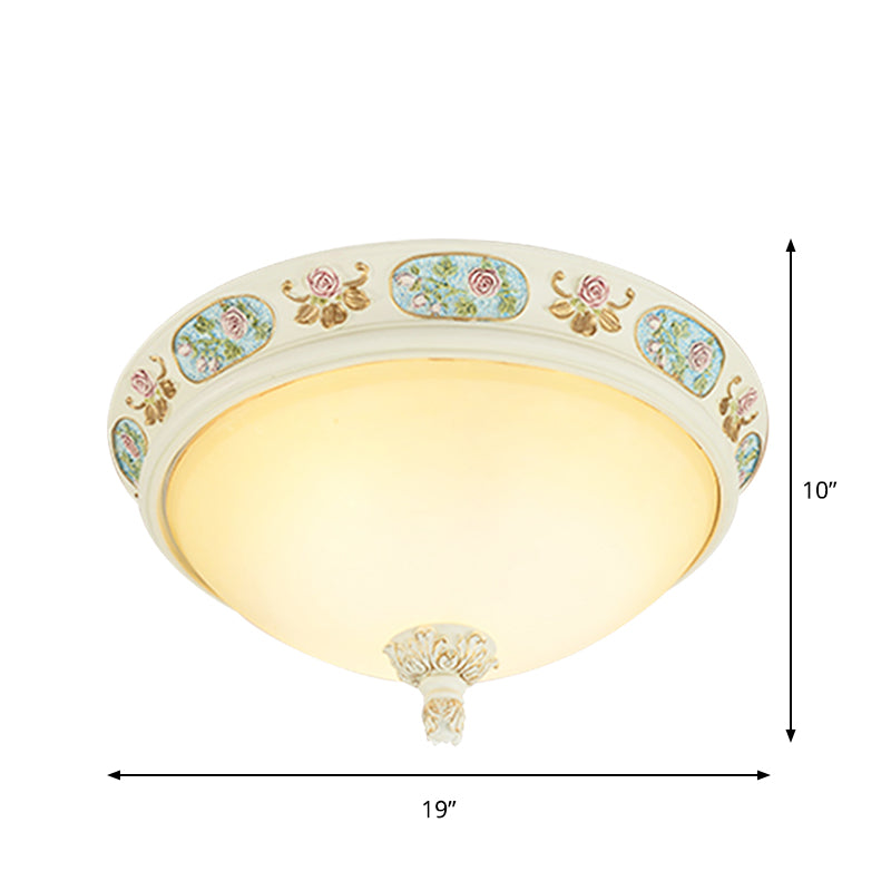 2/3-Head Flush Mount Opaline Glass Dome Ceiling Light with Flower Decor in Blue and White, 14"/19" Wide