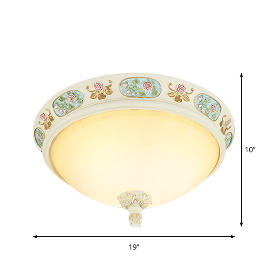 2/3-Head Flush Mount Opaline Glass Dome Ceiling Light With Flower Decor In Blue And White 14/19 Wide