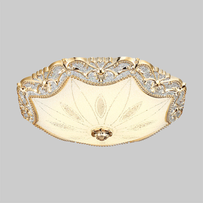 Vintage Gold Flush Mount Ceiling Light - Blossom Milky Glass Dining Hall LED, 16"/19.5" Width