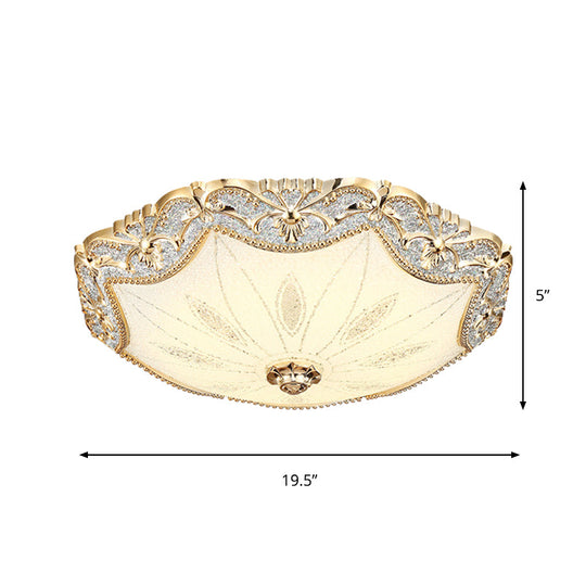 Vintage Gold Flush Mount Ceiling Light - Blossom Milky Glass Dining Hall LED, 16"/19.5" Width