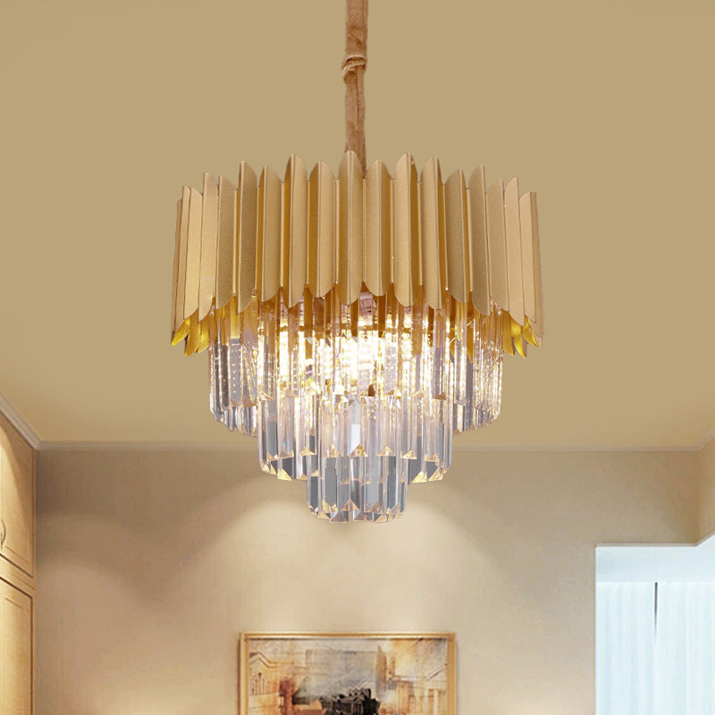 Contemporary Gold Crystal Chandelier With Tapered Faceted Rectangle Design - 4/8 Bulb Parlor Hanging