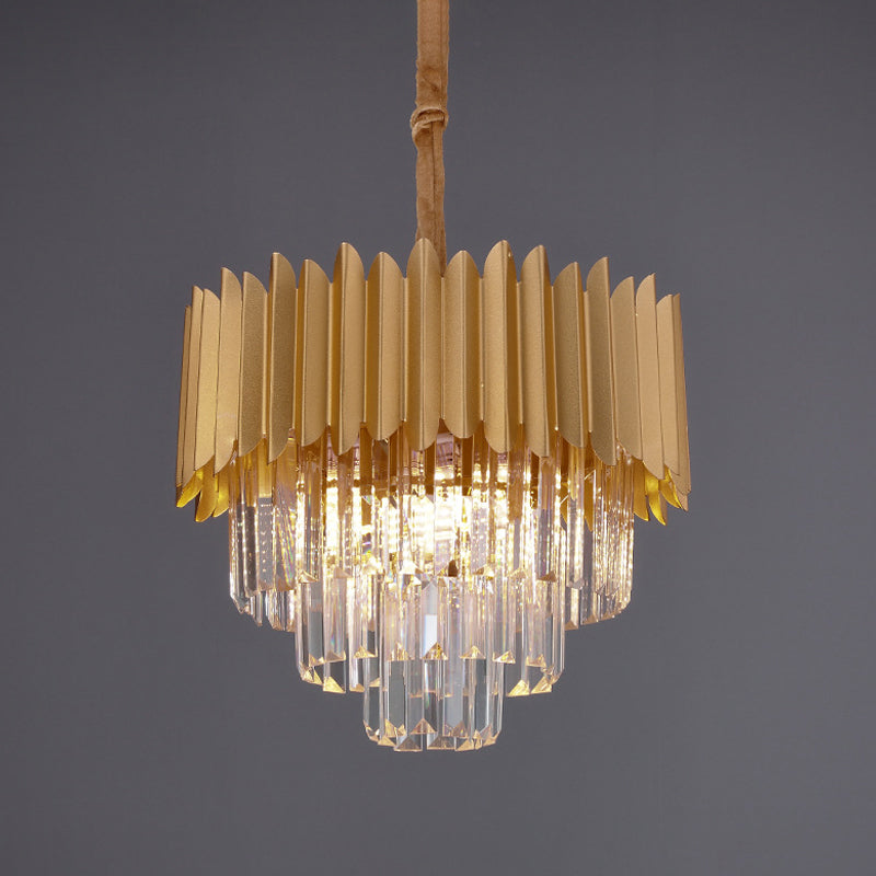 Contemporary Gold Crystal Chandelier With Tapered Faceted Rectangle Design - 4/8 Bulb Parlor Hanging