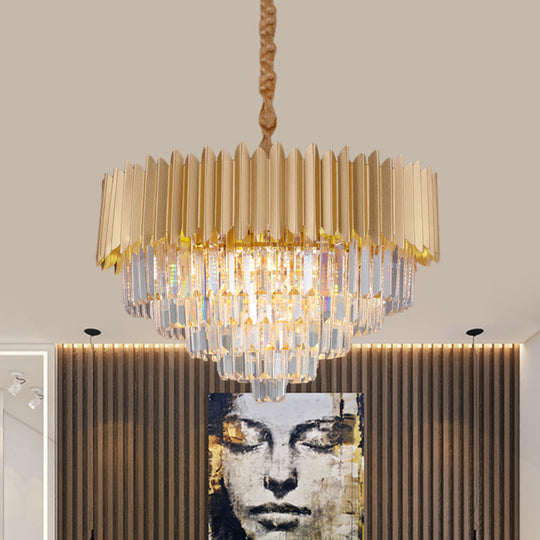 Contemporary Gold Crystal Chandelier With Tapered Faceted Rectangle Design - 4/8 Bulb Parlor Hanging