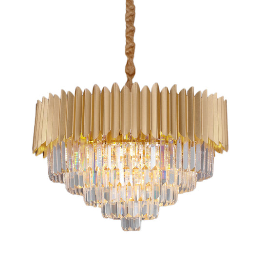 Contemporary Gold Crystal Chandelier With Tapered Faceted Rectangle Design - 4/8 Bulb Parlor Hanging