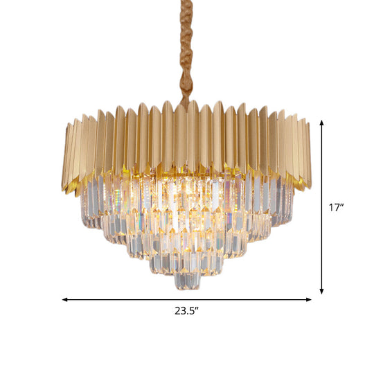 Contemporary Gold Crystal Chandelier With Tapered Faceted Rectangle Design - 4/8 Bulb Parlor Hanging