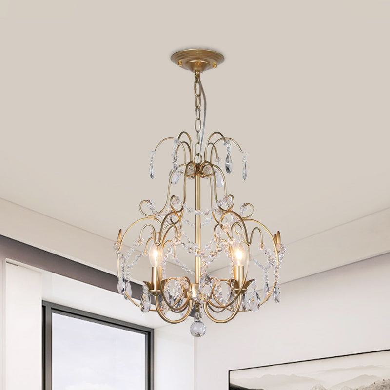 Contemporary Gold Chandelier featuring Clear Crystal Beads - 3 Bulb Lantern Suspended Lighting Fixture