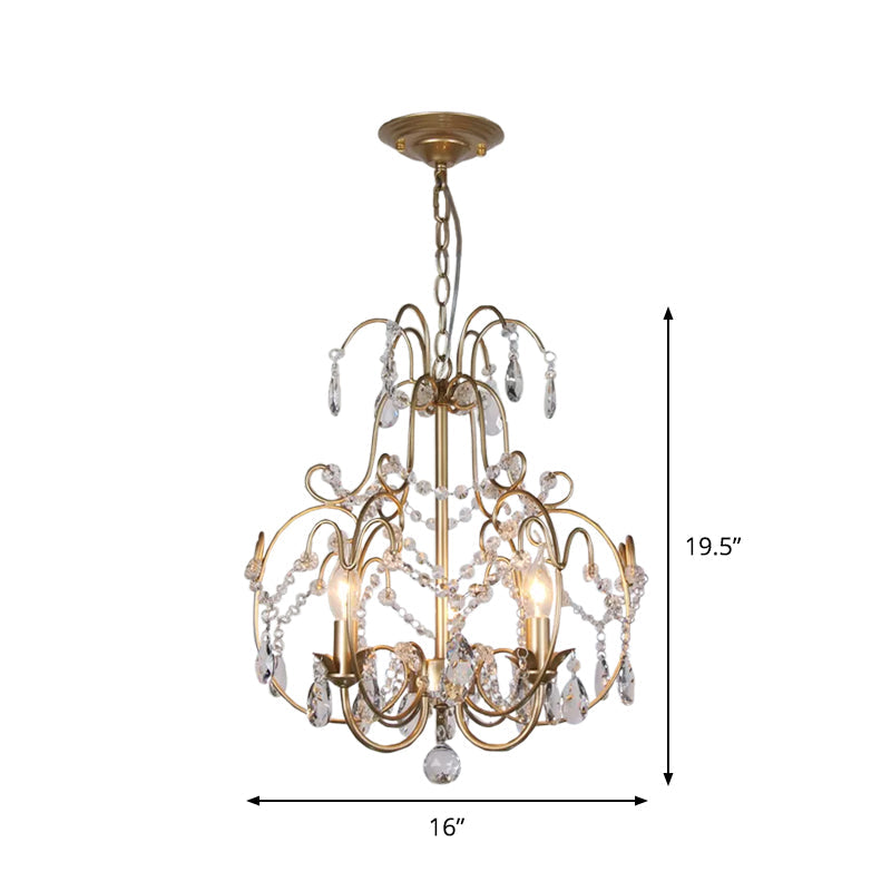 Contemporary Gold Chandelier Lantern With Clear Crystal Beads 3 Bulb Suspended Lighting Fixture