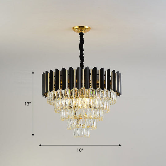 Modern Black Finish Tapered Pendant Chandelier With 6 Clear Crystal Blocks