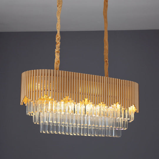 Contemporary Gold Finish Island Lighting With 8 Bulbs Faceted Crystal Blocks And Oval Hanging Design